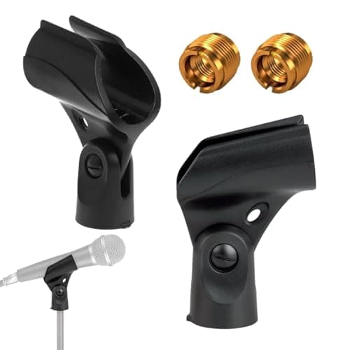 Image of 2 Pack Mic Stand Holder Set, Adjustable Microphone Clip for Wired and Wireless Mics, Universal Mic Stand Accessory with 5/8" to 3/8" Adapter for Recording and Stage Use