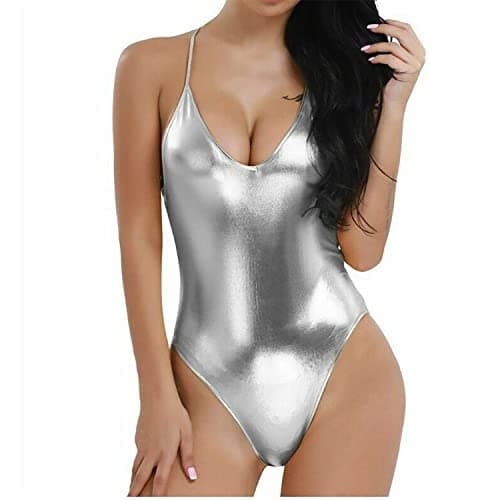 Image of Prime fashions Women’s Shiny Metallic Wet Look Sleeveless Sexy Modern and Stylish Bodysuit - Ballet, Dance, and Gymnastics Thong Leotard (Silver, S-M)