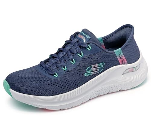 Image of Skechers Women's Arch Fit 2.0 Easy Chic Slip-On Sneakers, Navy Mesh/Turquoise Trim, 7 UK