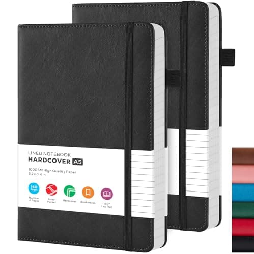 Image of FOCUS DAY A5 Notebook Journal, 2 Pack Black Lined Notebook Hardback, 100GSM Thick Paper, No Bleed, A5 Leather Notepads for Men/Women Work, Office School Supplies, 14.5 x 21.3 cm