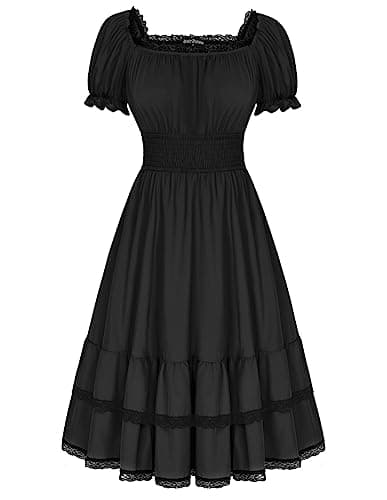 Image of SCARLET DARKNESS Women Renaissance Dress Short Sleeve Off the Shoulder High Waist A-Line Dress Vintage Steampunk Medieval Gothic Black Dresses S
