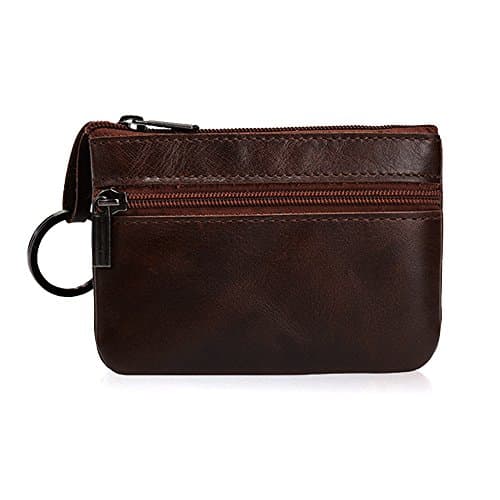 Image of Hibate Women's Mini Coin Purse Wallet Genuine Leather Zipper Pouch with Key Ring - Brown_Deep