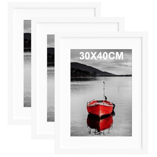 Image of Hiyzaun 30x40cm Picture Frame, Pack of 3 White Photo Frames 16x12 with Wood Grain, Elegant 40x30cm Poster Frames, Wall Mounted