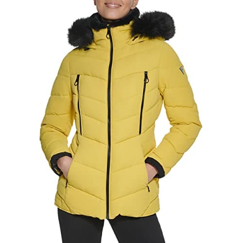 Image of GUESS Women's Midweight Puffer Jacket, Hooded Highlighter, S