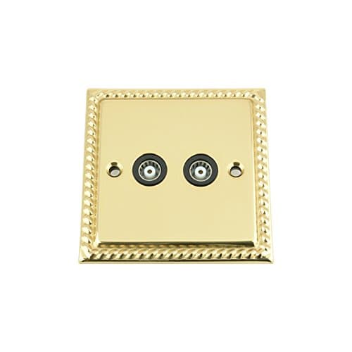 Image of TV Coaxial Aerial Socket Double 2 Gang - Polished Mirror Brass Georgian - Black Insert