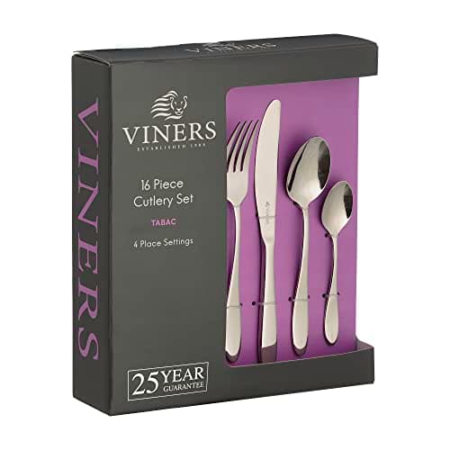 Image of Viners Tabac Cutlery Set |18/0 Stainless Steel | Set of 16 Pieces | Silver Mirror Finish | Serves 4 | Dishwasher Safe | Gift Box