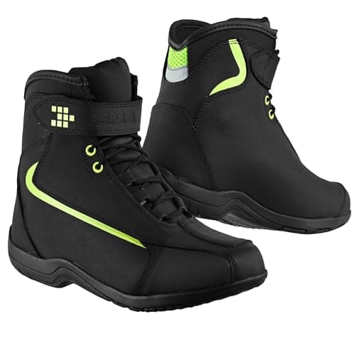 Image of Men Motorbike Boots Motorcyle Shoes CE-Approved Waterproof Armoured Leather Short Touring Protective & Anti-Slip (Black Green, UK 9, UK Footwear Size System, Adult, Men, Numeric, Medium, 9)
