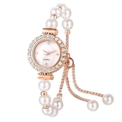 Image of JewelryWe Women's Pearl Bracelet Watch: Ladies Rose Gold Quartz Adjustable Stainless Steel Elegant Round Dial Bangle Watch for Christmas