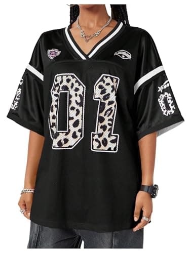 Image of GORGLITTER Women's Oversized T Shirts Leopard Number Graphic Jersey Shirts V Neck Half Sleeve Loose Streetwear Tops Black M
