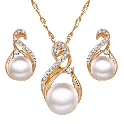 Image of Pearl Jewelry Set For Women Adjustable Dainty Pendant Necklace Dangle Earrings Wedding Silver Valentine's Day Large Necklaces for (Gold, One Size)