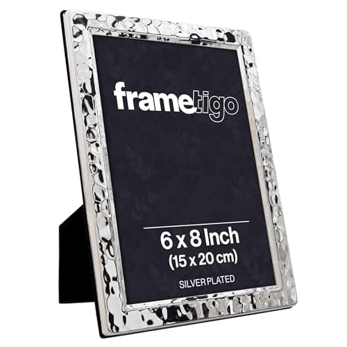 Image of Frametigo - Silver Plated Narrow Hammered Photo Frame, 6"x8" (15x20cm) Photo Size - Velvet Frame Backing & Stand - Real Glass Window - Tarnish Resistant - Landscape or Portrait Orientation
