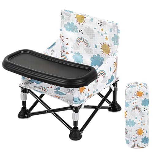 Image of LADIDA Portable Baby High Chair with Removable Tray - Foldable Travel Highchair with Travel Bag,Folding Booster Feeding Chair for Indoor Outdoor, Beach (White Rainbow) 303