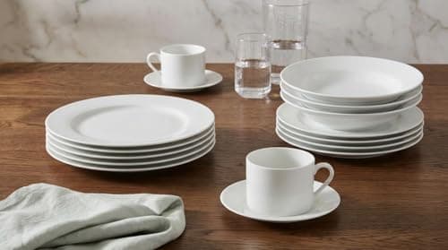 Image of Waterside 20pc White Porcelain Rim Shape Dinner Set; 4 Dinner Plates, 4 Side Plates, 4 Soup Bowls and 4 Cup & Saucers - Dishwasher & Microwave Safe