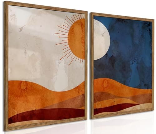 Image of Framed Boho Sun and Moon Canvas Wall Art Set of 2, Vintage Western Desert Landscape Wall Decor Paintings, Mid Century Modern Abstract Pictures Prints Artwork for Living Room Bedroom Office 12x16 inch