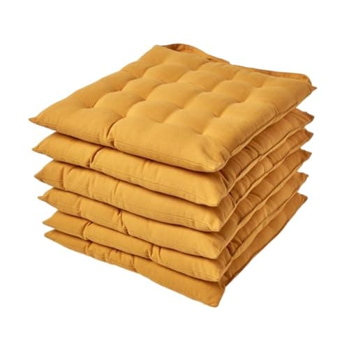 Image of HOMESCAPES Mustard Yellow Seat Pads for Dining Chair, Set of 6 100% Cotton Chair Pads with Straps, 40x40 cm