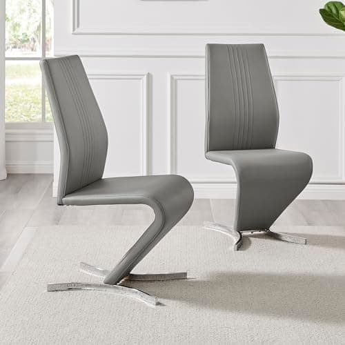 Image of Furniturebox UK Dining Chairs Set of 2 - Willow Faux Leather Chrome Metal Dining Room Chair Set, Statement Luxury Modern Z Chairs (2x Elephant Grey Dining Chairs)