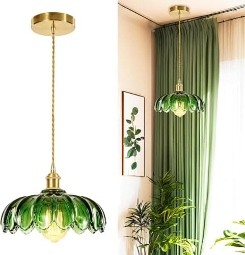 Image of Bravsekai Green Glass Pendant Light, Hanging Ceiling Lights with 1.5m Adjustable Cord, Vintage Pendant Lights for Kitchen Island Bedroom Hallway Study Room Coffee Bar(24cm, 1-Pack)