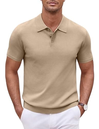 Image of COOFANDY Men's Polo Short Sleeve Knitted Shirts Casual Summer Golf Solid Color Polo Shirts for Men Khaki L