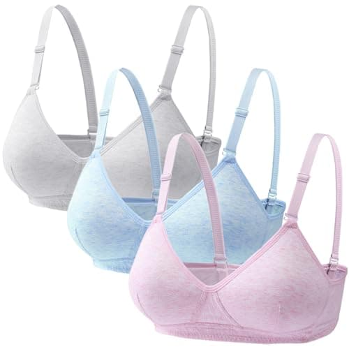 Image of Young Girls Bras 3 Pieces Cotton Teenage Underwear Wireless Sports Bra with 3 Row Eye Buckles 12-18 Years Girls and Women Lingerie Bralettes