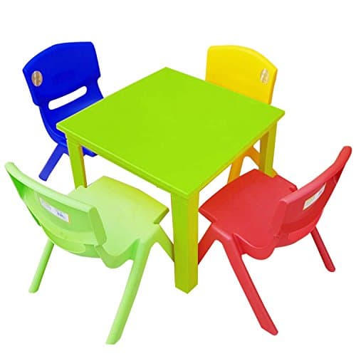 Image of A406 Strong Kids Children Table and Chairs Set for Study, Activity Garden Indoor (Green Table + 4 Chairs Mix)