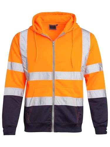 Image of shelikes Mens Hi Vis Viz Jacket High Visibility Coat Two Tone Hooded Sweatshirt Zip Up Hoody Safety Work Top Orange