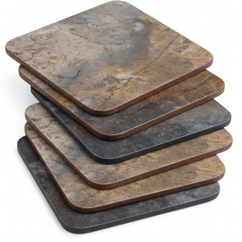 Image of Pimpernel Set of 6 Coasters - Earth Slate Design, Cork-Backed Drink Coasters with Heat Resistance and Stain Protection, Suitable for Tea, Coffee, and Everyday Use, 10.5 x 10.5cm