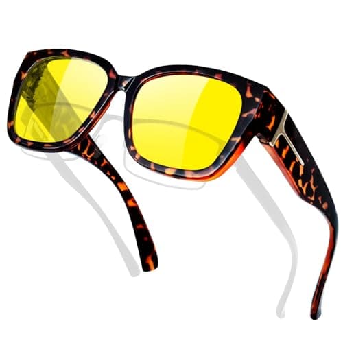 Image of KANASTAL Tortoiseshell Night Driving Over Glasses Men Wide Anti Glare Driving Womens Yellow Tinted Oversized Fit Over Glasses Square UV400 - Leopard Frame Yellow Lens