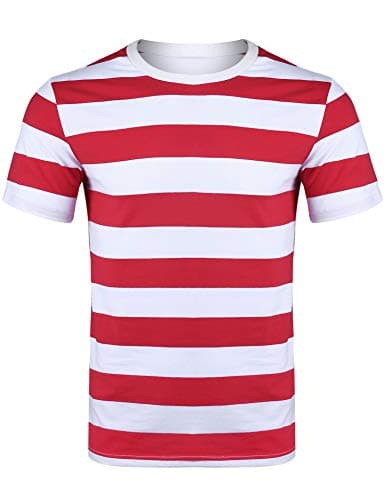 Image of Sykooria Mens Round Neck Wide Striped T-Shirt Red & White Strip Casual Short Sleeve Tops