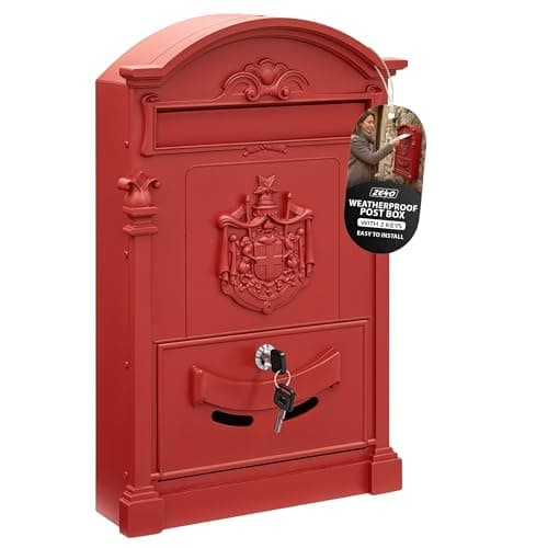 Image of ZENO Letter Box Wall Mounted | Postbox | Large Traditional Post Box Mailbox | Post Letter Box for Home | Vintage Classic Mail Box with 2 Keys | Easy to Install | Keep Your Mail Safe (Red)