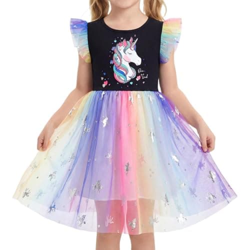 Image of DivingBirds Girls' Dresses Unicorn Dress for Girls Ruffled Tulle Tutu Kids Dress Little Ladies Summer Outfits Party Gifts 6-7 Years Navy Blue