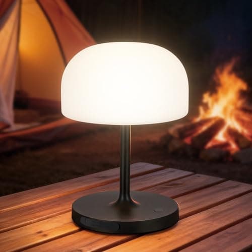 Image of Vikdio Cordless Table Lamp, Waterproof 4000mAh Rechargeable Mushroom Lamp, Small Touch Light for Outdoor Indoor Bedroom Bathroom Camping Patio, Shower Lamp with Mushroom Lampshade - Black