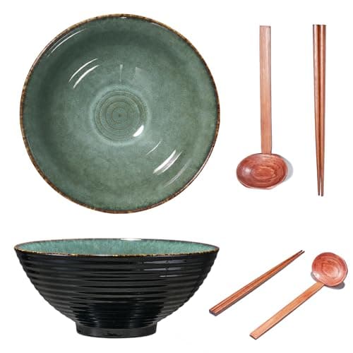 Image of Yuecda 2 Sets 8 Inch Ceramic Ramen Bowl Set of 2, 40oz Japanese Bowls with Spoons & Chopsticks,Durable,Microwave & Dishwasher Safe,Perfect for Ramen,Pho,Salad,Soup,Noodles，Mixing Bowls（Gray）