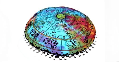 Image of Round Mandala Floor Pillow Cover Seating Cushion Throw Cover Hippie Decorative Bohemian Ottoman Pouf Cover, Pom Pom Pillow Cases,Boho Indian Multi-Color, 22" Round