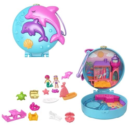 Image of Polly Pocket Dolphin Beach Compact, Beach-Adventure Theme with Micro Polly & Mermaid Doll, 5 Reveals & 12 Accessories, Pop & Swap Feature, Great Gift for Ages 4 Years Old & Up, GTN20