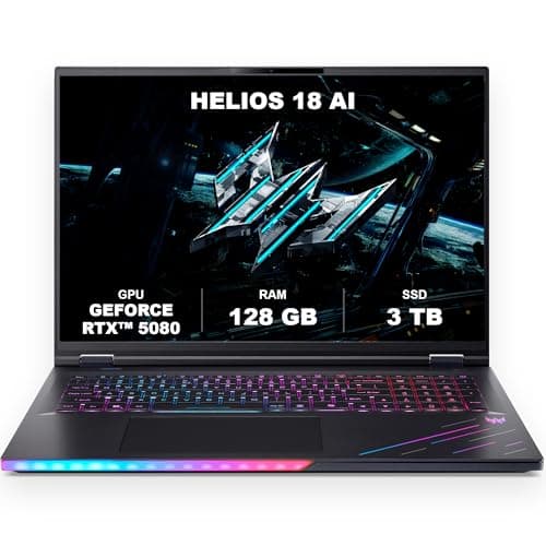 Image of Acer, Predator Helios 18 AI, Gaming Laptop, 18 inches, WQXGA 250 Hz Mini LED IPS Display, Intel Core Ultra 9 275HX, 128 GB RAM, 3 TB SSD, NVIDIA GeForce RTX 5080, Windows 11 Home, Black, PH18-73