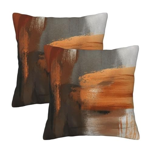 Image of HOSTECCO Burnt Orange and Grey Abstract Cushion Covers 45x45 cm Pack of 2 Modern Velvet Cushion Cases Rust Art Oil Painting Decorative Pillow Covers for Living Room Sofa Home Decor