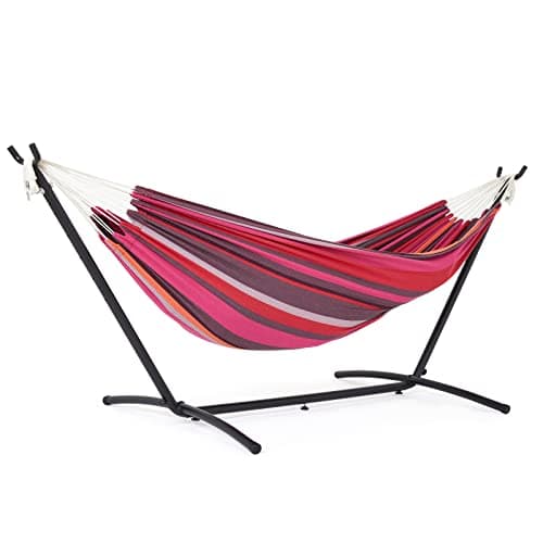 Image of Mondeer Hammock with Stand Double Camping Outdoor Garden Fabric Hammock with Metal Frame with Carrying Bag and Accessories, 270kg Load Capacity, for Camping Travel Patio, Red