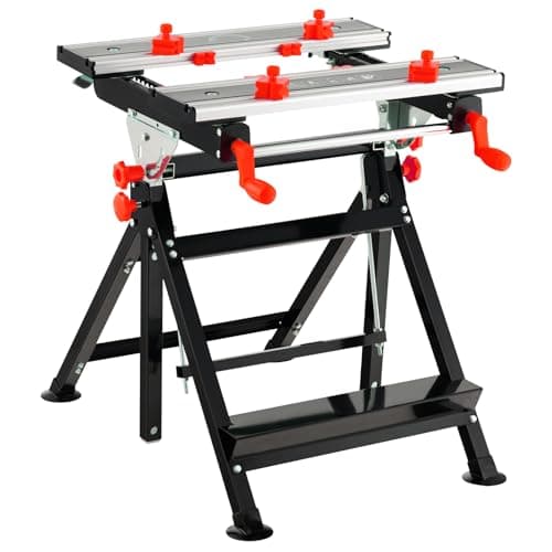 Image of GiantexUK Folding Workbench, 7-level Adjustable Work Table with Tiltable Platform and 8 Sliding Clamps, Heavy Duty Workstation for Workshop Garage (Black + Red)