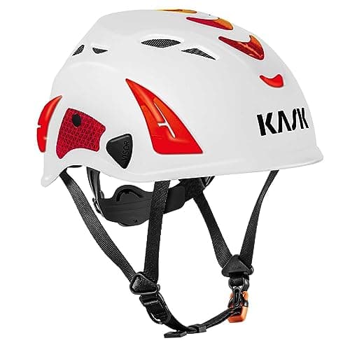 Image of KASK Superplasma HI VIZ Safety Helmet with Rotating Wheel, Reflective Stripes, EN 397, Colour: White/Red, One Size