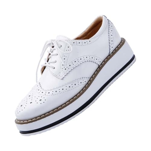 Image of Women's Platform Oxfords Shoes Classic Chunky Leather Wingtips Round Toe Sneakers Lace-Up Wedges Dress Shoes Breathable Comfortable Glossy Sneakers White