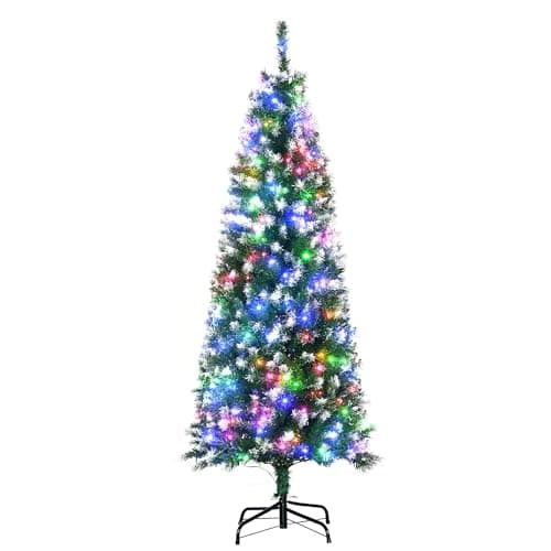 Image of HOMCOM 5FT Tall Prelit Pencil Slim Artificial Christmas Tree with Realistic Branches, 250 Colourful LED Lights and 408 Tips, Xmas Decoration, Green