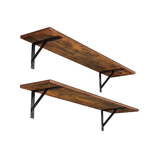Image of DINZI LVJ Long Wall Shelves, 31.5 Inch Wall Mounted Shelves Set of 2, Easy-to-Install, Wall Storage Ledges with Sturdy Metal Brackets for Living Room, Bathroom, Bedroom, Kitchen, Rustic Brown