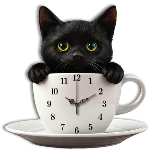 Image of CONCHLERY Black Cat Wall Clock Coffee Pattern Flat Printing Irregular Flat Printing Shape Clocks Non Ticking Clock Decorative for Home Living Room Bedroom Office Decoration, 12.99x12.99 inch