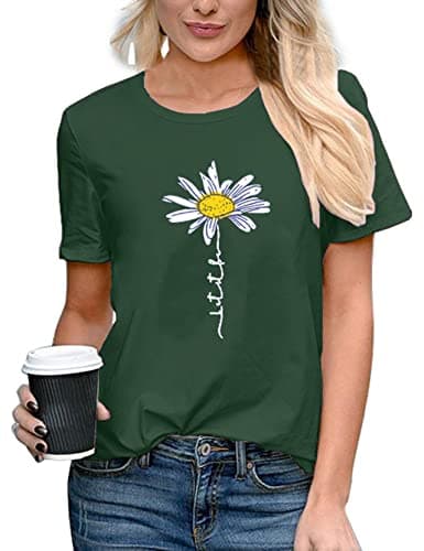 Image of TOPLAZA Daisy Graphic T Shirt Women Short Sleeve Crew Neck Casual Summer Tee Tops, Dark Green, M