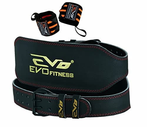 Image of EVO Fitness 6” Matte Black Weight Lifting Belt With 18" Wrist Straps Gym Cowhide Leather Padded Lumbar Back Support Powerlifting Bodybuilding Workout Training Men Women (Black, 2X-Large)