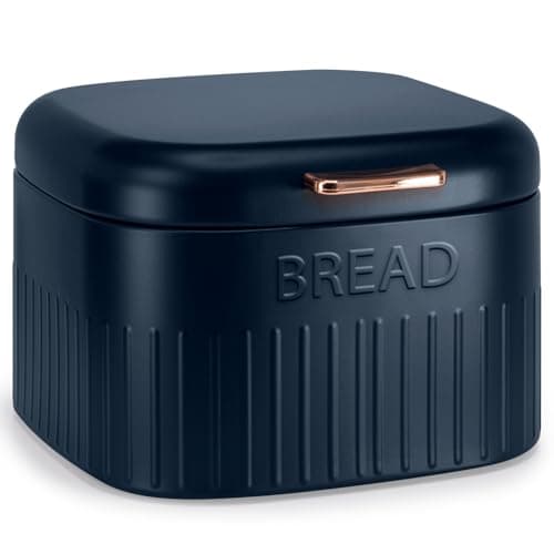 Image of EHC Large Metal Bread Box Bin, Kitchen Storage Box For Countertop With Hinged Lid, Navy Blue
