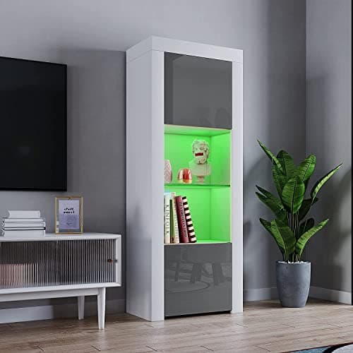 Image of Panana 2 Door LED Tall Display Sideboards Matt Body & High Gloss Fronts Storage Cabinet with Glass Shelf for Living Dining Room W 62 x D 35 x H 160cm (Grey with White)