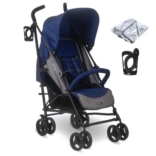 Image of My Babiie MB02 Plus Stroller - from Birth to 4 Years (22kg), Lightweight & Compact Umbrella Fold, Travel Buggy for Toddlers, Pushchair Includes Cup Holder and Rain Cover - Blue & Grey
