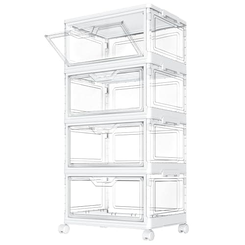 Image of StowBin Storage Boxes with Lid - Plastic Storage Bins with 1 Lid,23L*4 Tier Clear Stackable Storage Boxes with Wheels,Large Bins Organizer for Bedroom Living Room Bathroom,4-Tier&1 Lid