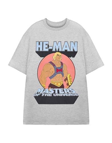 Image of Masters of the Universe He-Man Mens T-Shirt | Adults Short Sleeve Graphic Tee in Grey | Sword & Planet Cartoon Series Apparel